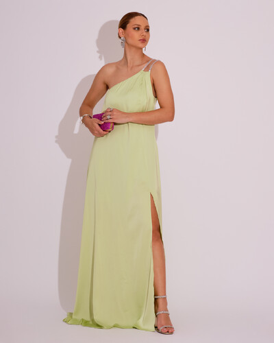 Foto Vestido de Festa Longo Cetim Um Ombro Só Verde Lima