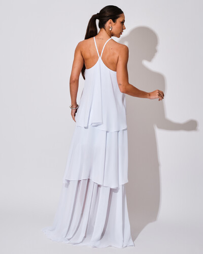 FotoVestido Longo Crepe Chiffon Babado em Camadas Branco