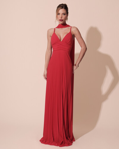 Foto Vestido de Festa Longo Plissado Crepe Chiffon com Alça e Lenço Vermelho