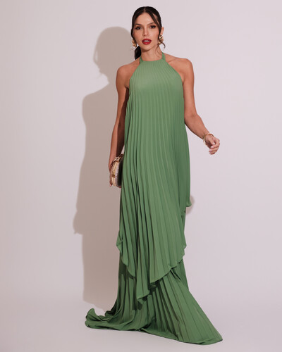 Foto Vestidos de Festa Longo Chiffon Fluido Frente Única Plissado Duplo Verde Matcha