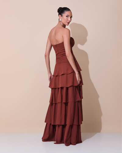 Foto Vestido de Festa Longo Tomara que Caia Drapeado Crepe Chiffon Babados Camadas Marrom New