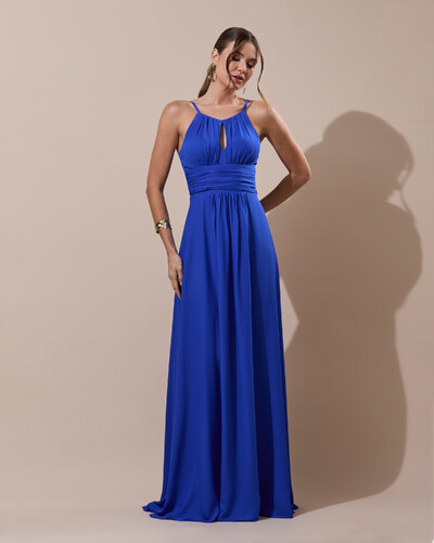 Foto Vestido de Festa Longo Crepe Chiffon Drapeado com Alças e Saia Fluida Azul Royal