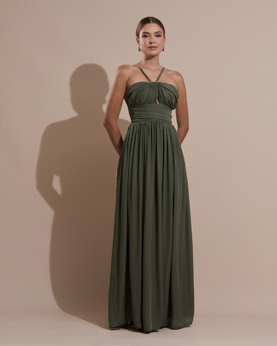 Foto Vestido de Festa Longo Crepe Chiffon Drapeado com Alças Finas Verde Oliva
