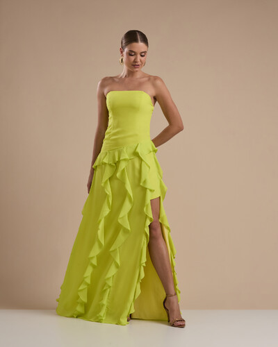 Foto Vestido de festa Longo Tomara que Caia Crepe Chiffon com Bababos Cascata e Fenda Verde Lima