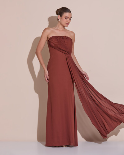 Foto Vestido de Festa Longo Tomara Que Caia Crepe Chiffon Plissado Lenço Marrom New
