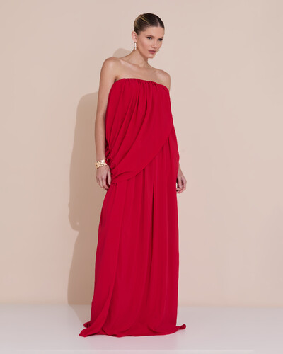 Foto Vestido de Festa Longo Tomara Que Caia Crepe Chiffon Drapeado Vermelho