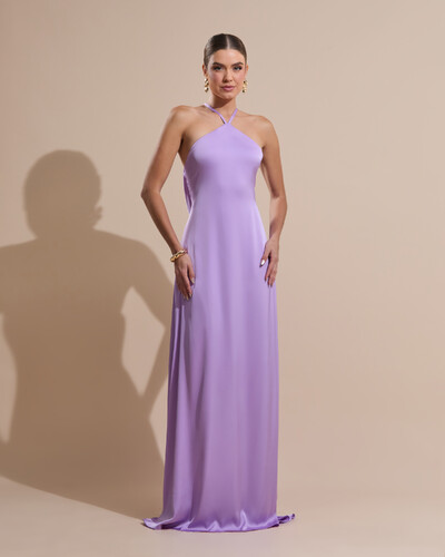Foto Vestido Longo de Cetim com Decote Triangular e Amarração nas Costas Degagê Lilás