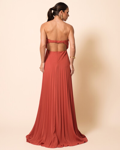 FotoVestido de Festa Longo Tomara que Caia Plissado Detalhe Terracota