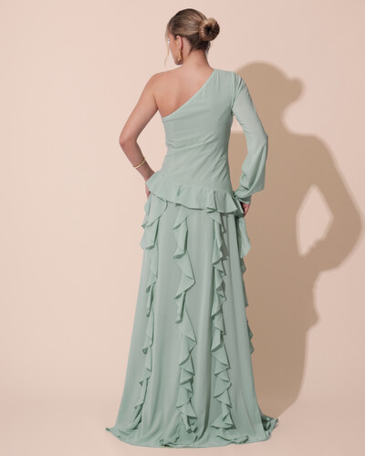 Foto Vestido de Festa Longo Crepe Um Ombro Só Manga Longa e Babados Cascata Fenda Verde Menta