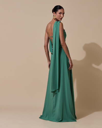 Foto Vestido de festa Longo Tomara que Caia Crepe Chiffon Drapeado Lenço Verde Matcha Escuro