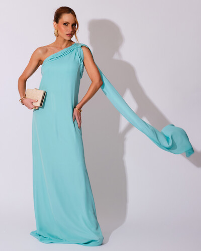 Foto Vestido de Festa Longo Crepe Chiffon Um Ombro Só Drapeado Tiffany