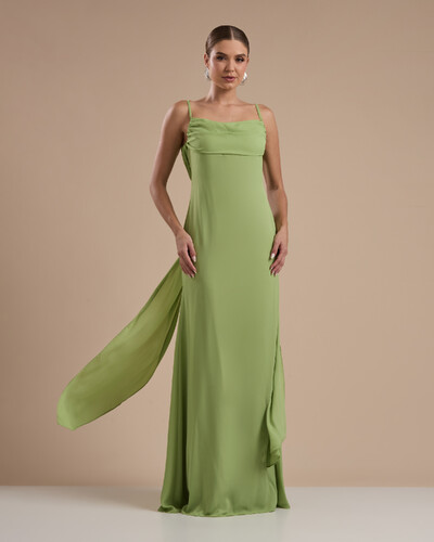 Foto Vestido de Festa Longo Crepe Chiffon Costas Lenço Cauda Verde Garden