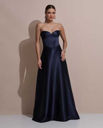Foto Vestido de Festa Longo Tomara que Caia Decote Coração Cetim Cruzado Costas Azul Marinho Escuro