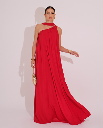 Foto Vestido de Festa Longo Crepe Fluido um Ombro Só com Lenço Vermelho