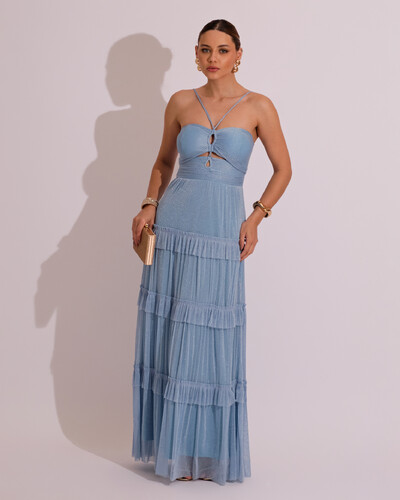 Foto Vestido de Festa Longo Tule com Saia Babado Azul Serenity