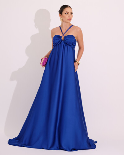 Foto Vestido de Festa Longo Cetim Fluido Frente Única Costa Cruzada Azul Royal