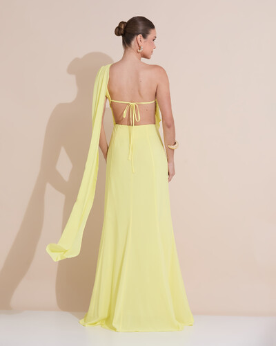 Foto Vestido de Festa Longo Um Ombro Só Crepe Chiffon Lenço Amarelo Manteiga