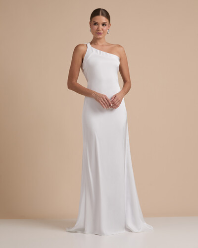 Foto Vestido de Festa Longo Cetim Fluido Um Ombro Só Amarração Costas Branco