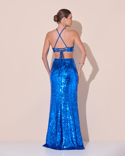 Foto Vestido de Festa Longo Frente Única Paetê Recortes Costas Trançada Azul Royal