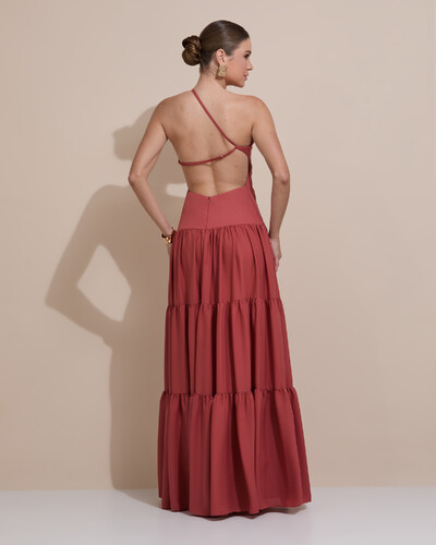 Foto Vestido de Festa Longo Um ombro Só Crepe Chiffon Saia Fluida Terracota