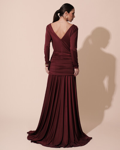 FotoVestido de Festa Longo Malha Degagê Drapeado Manga Longa Marsala Escuro