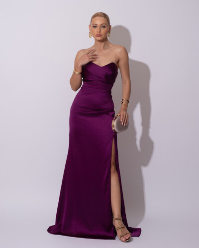 Foto Vestido de Festa Longo Cetim Alfaiataria Tomara que Caia Fenda Roxo