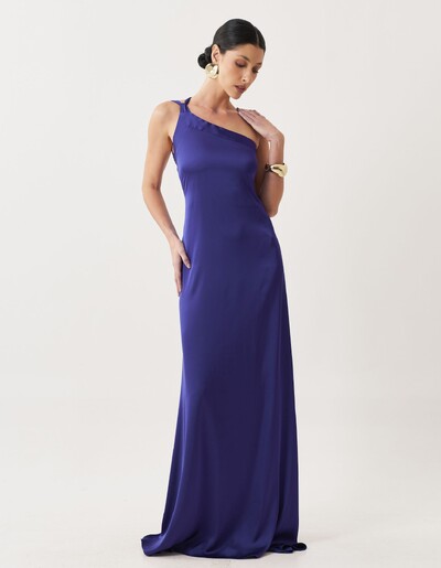 Foto Vestido de Festa Longo Cetim Fluido Um Ombro Só Amarração Costas Azul Marinho