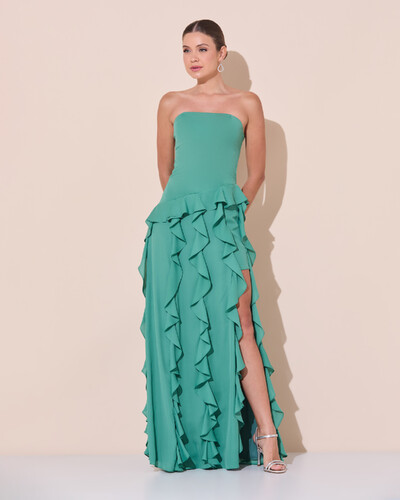 Foto Vestido de festa Longo Tomara que Caia Crepe Chiffon com Babados Cascata e Fenda Verde Matcha Escuro