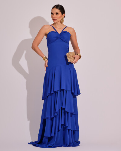 Foto Vestido Longo Frente Única em Crepe com Babados e Camadas Azul Royal