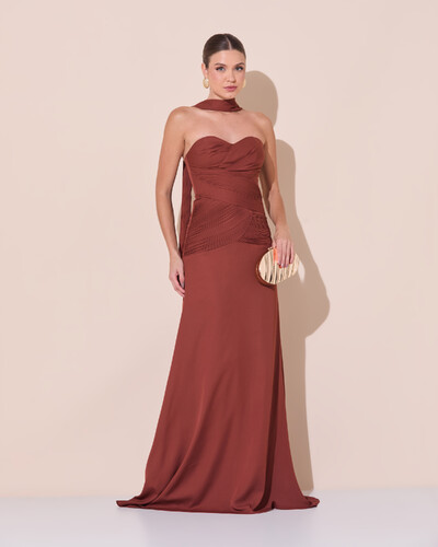 Foto Vestido de Festa Longo Decote Coração Crepe Chiffon Drapeado Plissado Lenço Marrom New