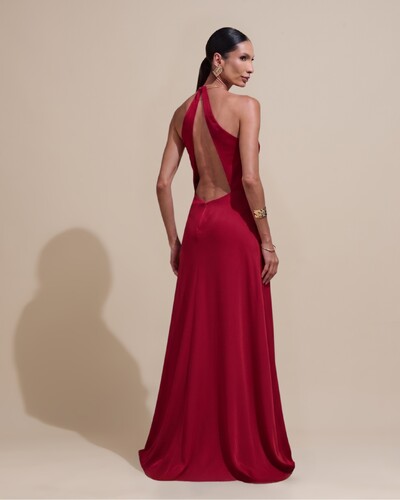 Foto Vestido de Festa Longo Cetim Fluido com Argola Frente Única Marsala