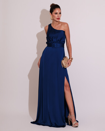 Foto Vestido Longo um Ombro com Busto Blousê e Fenda Azul Royal