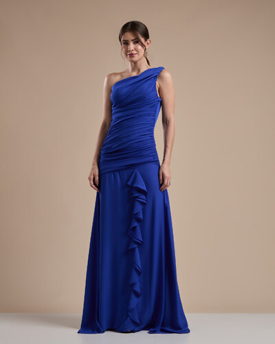 Foto Vestido de Festa Longo Crepe Chiffon Um Ombro Só Drapeado com Babado Cascata Azul Royal