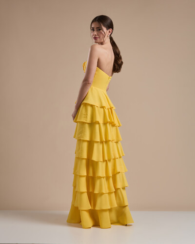 FotoVestido Longo Crepe Chiffon Tomara que Caia Plissado em Camadas Amarelo