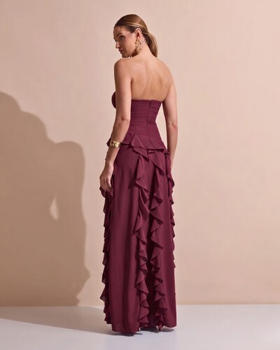 Foto Vestido de festa Longo Tomara que Caia Crepe Chiffon com Babados Cascata e Fenda Marsala