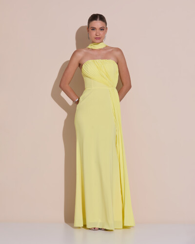 Foto Vestido de Festa Longo Tomara Que Caia Crepe Chiffon Plissado Lenço Amarelo Manteiga
