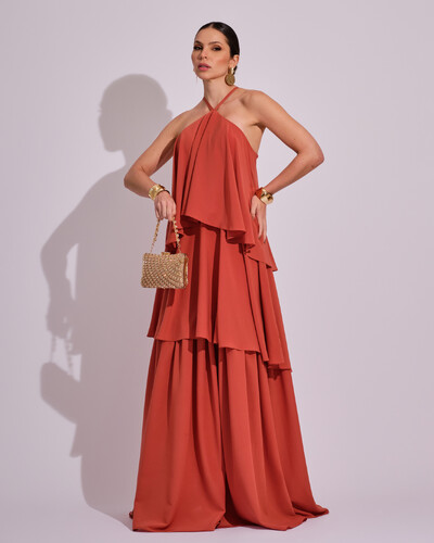 Foto Vestido Longo Babado em Camadas Terracota