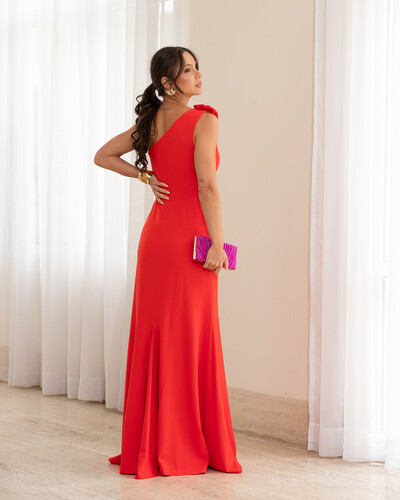 FotoVestido Longo Alfaiataria Um Ombro Flor Vermelho