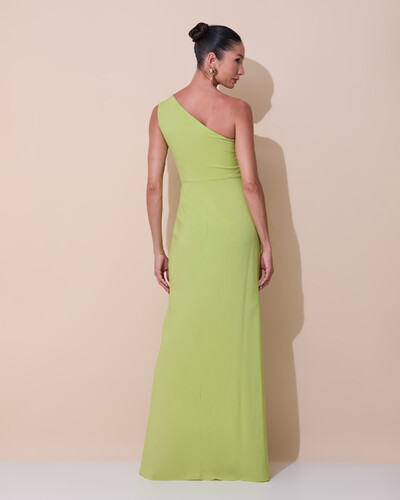 Foto Vestido de Festa Midi Um Ombro Só Crepe Chiffon Babados Cascata Fenda Verde Garden