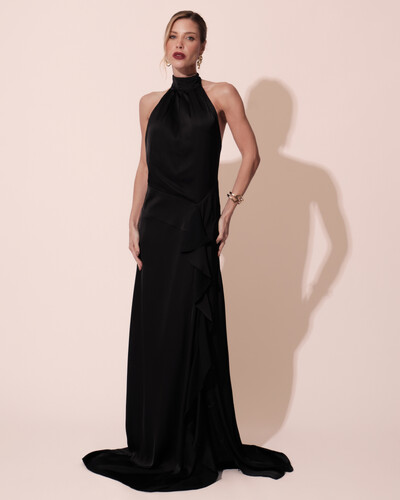 Foto Vestido Longo de Festa Cetim Fluido Gola Alta e Babado Cascata Preto