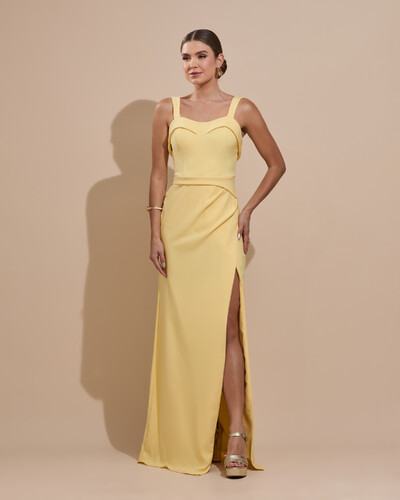 Foto Vestido de Festa Longo Alfaiataria Decote Coração com Alças e Fenda Amarelo Manteiga