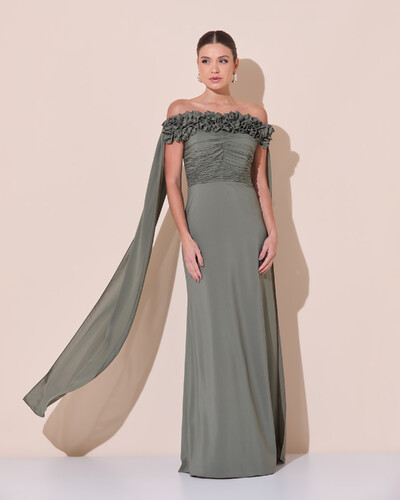 Foto Vestido de Festa Longo Ombro a Ombro Plissado Crepe Chiffon Capa Flor 3D Verde Oliva