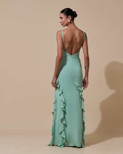 Foto Vestido de Festa Longo Alças Finas Crepe Chiffon Babado Cascata Fenda Costas V Verde Menta