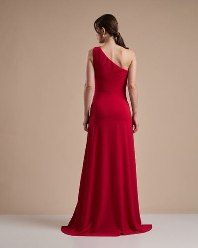 FotoVestido de Festa Longo Crepe Chiffon Um Ombro Só Drapeado com Babado Cascata Vermelho