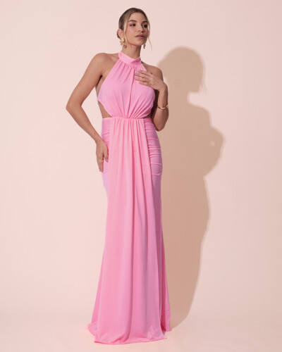 Foto Vestido de Festa Longo Malha Jersey Gola Alta Saia Sereia Rosa New