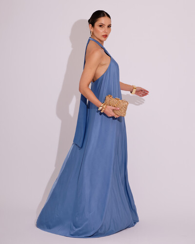 FotoVestido Longo com Amarração em Malha Azul