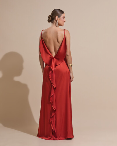 Foto Vestido de Festa Longo Babado Costas Cetim Fluido e Fenda Terracota