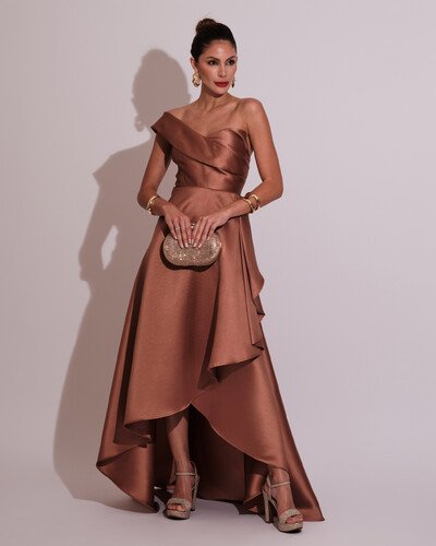 Foto Vestido de Festa Longo Zibeline um Ombro Só Mullet Mocha Mousse