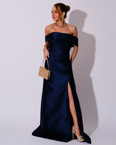 Foto Vestido de Festa Longo Zibeline Ombro a Ombro Drapeado e Fenda Azul Marinho
