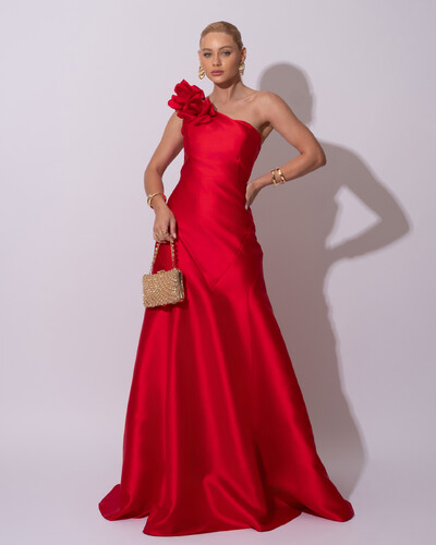 Foto Vestido de Festa Longo Zibeline um Ombro Só Flor Removível Saia Sereia Vermelho